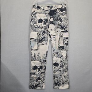 Rebel Vengeance Skeleton Skull Tapestry Jacquard Cargo Pants Mens 30 Fringe Goth